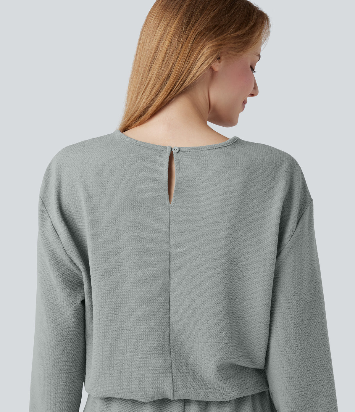 V-neck Long Sleeve Drawstring Casual Jumpsuit with Pockets — Belgian Block — view 6