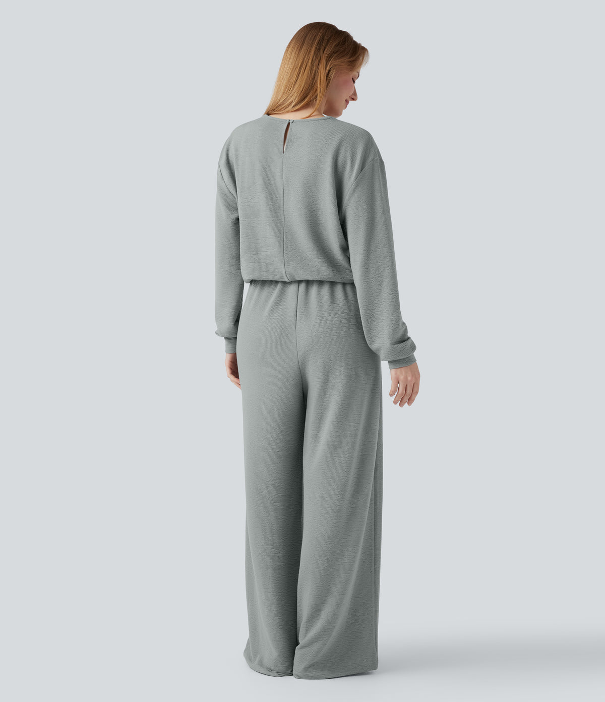 V-neck Long Sleeve Drawstring Casual Jumpsuit with Pockets — Belgian Block — view 2