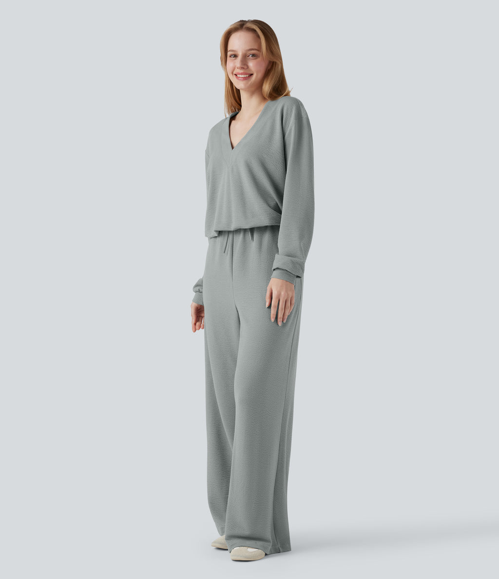V-neck Long Sleeve Drawstring Casual Jumpsuit with Pockets — Belgian Block — view 3