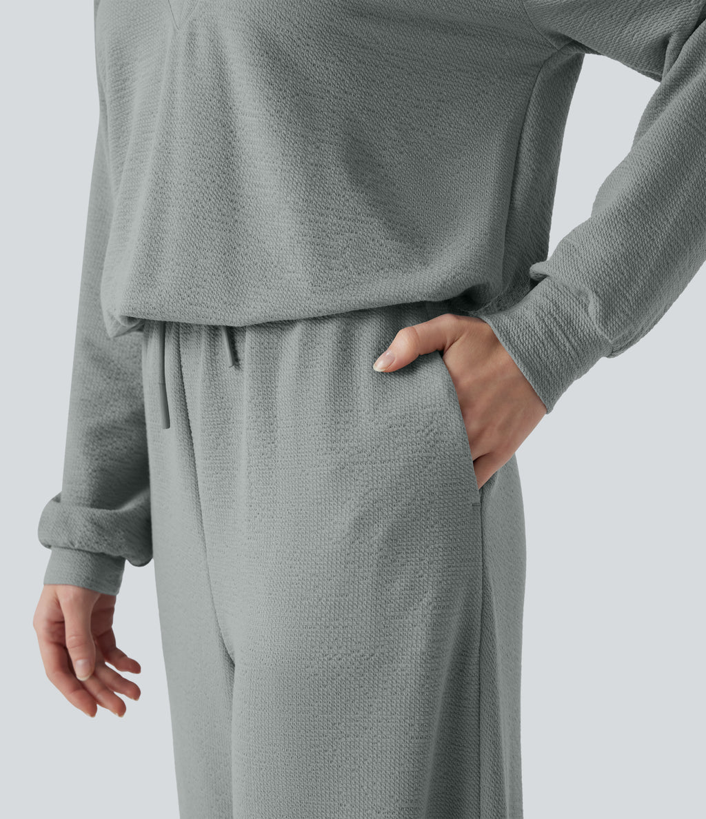 V-neck Long Sleeve Drawstring Casual Jumpsuit with Pockets — Belgian Block — view 8