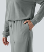 V-neck Long Sleeve Drawstring Casual Jumpsuit with Pockets — Belgian Block — view 8