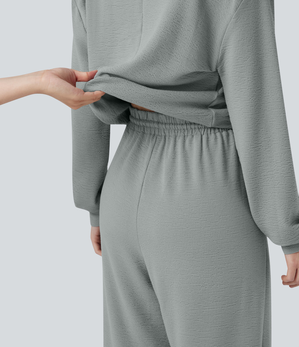 V-neck Long Sleeve Drawstring Casual Jumpsuit with Pockets — Belgian Block — view 4