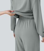 V-neck Long Sleeve Drawstring Casual Jumpsuit with Pockets — Belgian Block — view 4