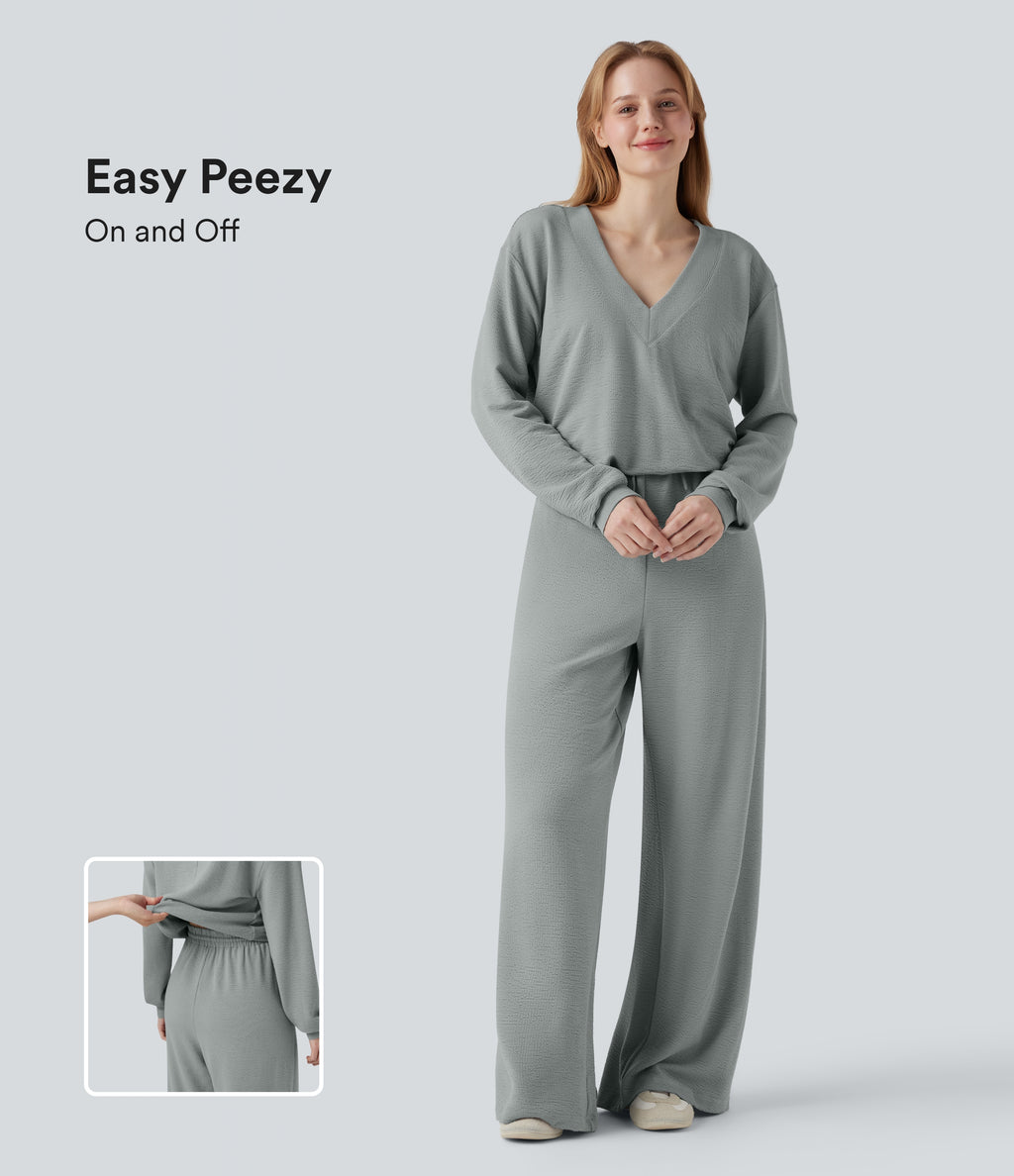 V-neck Long Sleeve Drawstring Casual Jumpsuit with Pockets — Belgian Block — view 1