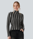 High-neck Long Sleeve Lettuce Trim Stripes Casual Jumper — Shadow Stripe — view 1