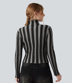 High-neck Long Sleeve Lettuce Trim Stripes Casual Jumper — Shadow Stripe — view 2