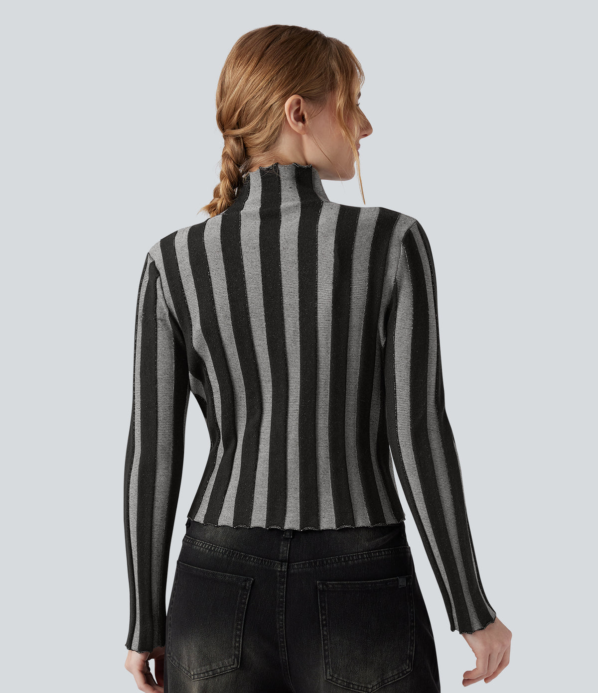 High-neck Long Sleeve Lettuce Trim Stripes Casual Jumper — Shadow Stripe — view 2