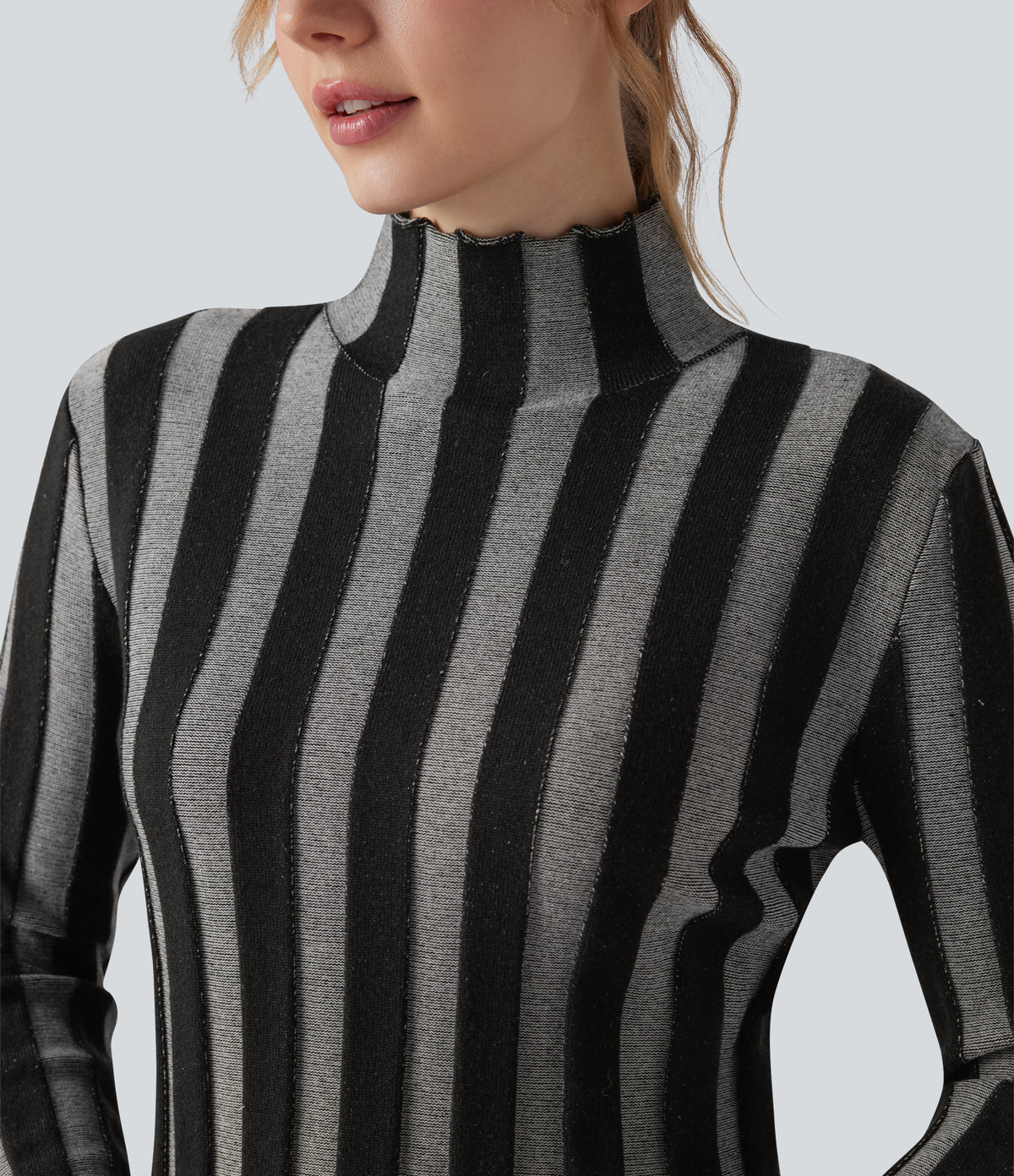 High-neck Long Sleeve Lettuce Trim Stripes Casual Jumper — Shadow Stripe — view 4