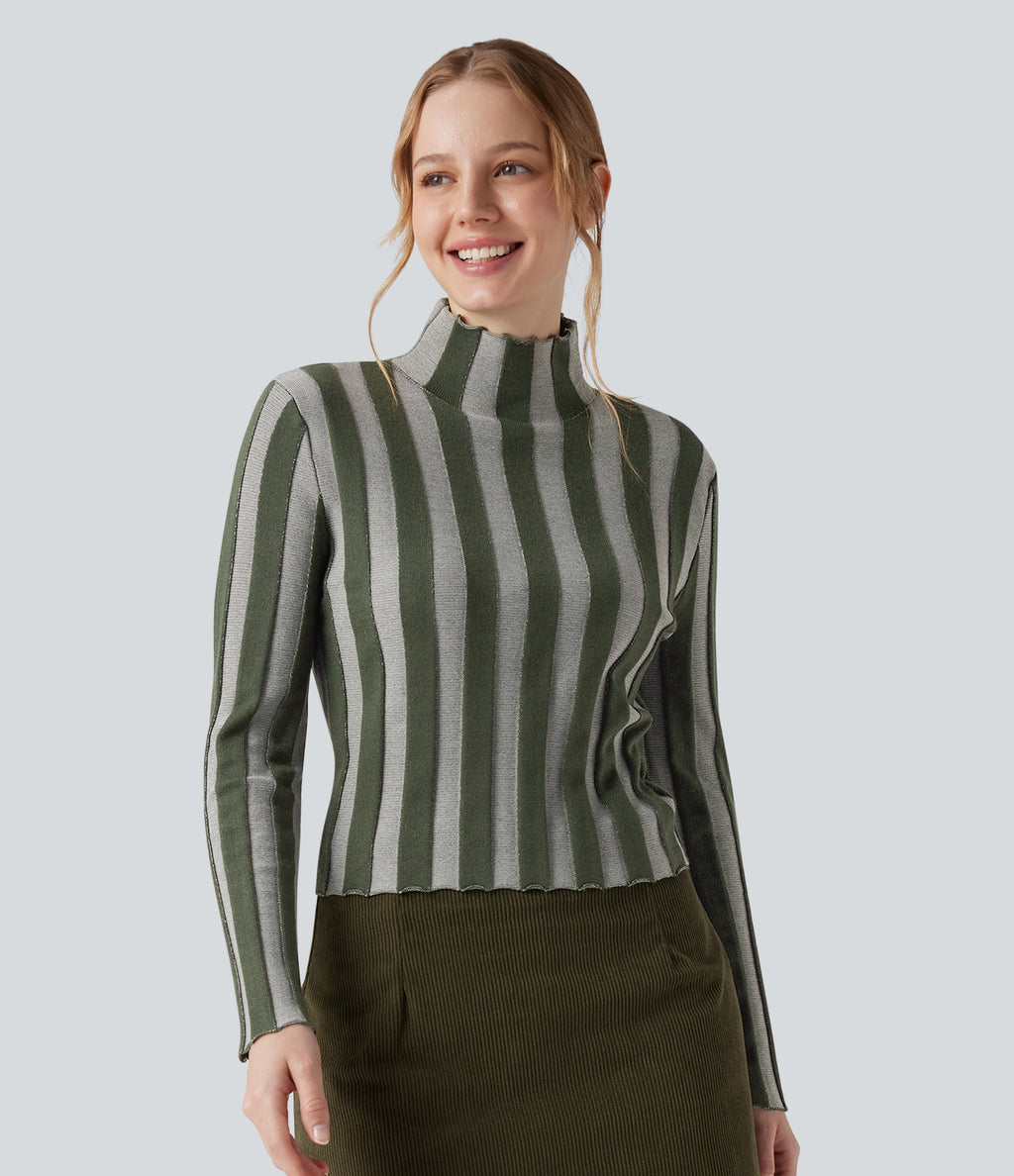 High-neck Long Sleeve Lettuce Trim Stripes Casual Jumper — Forest Stripe — view 6