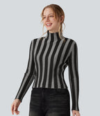 High-neck Long Sleeve Lettuce Trim Stripes Casual Jumper — Shadow Stripe — view 3