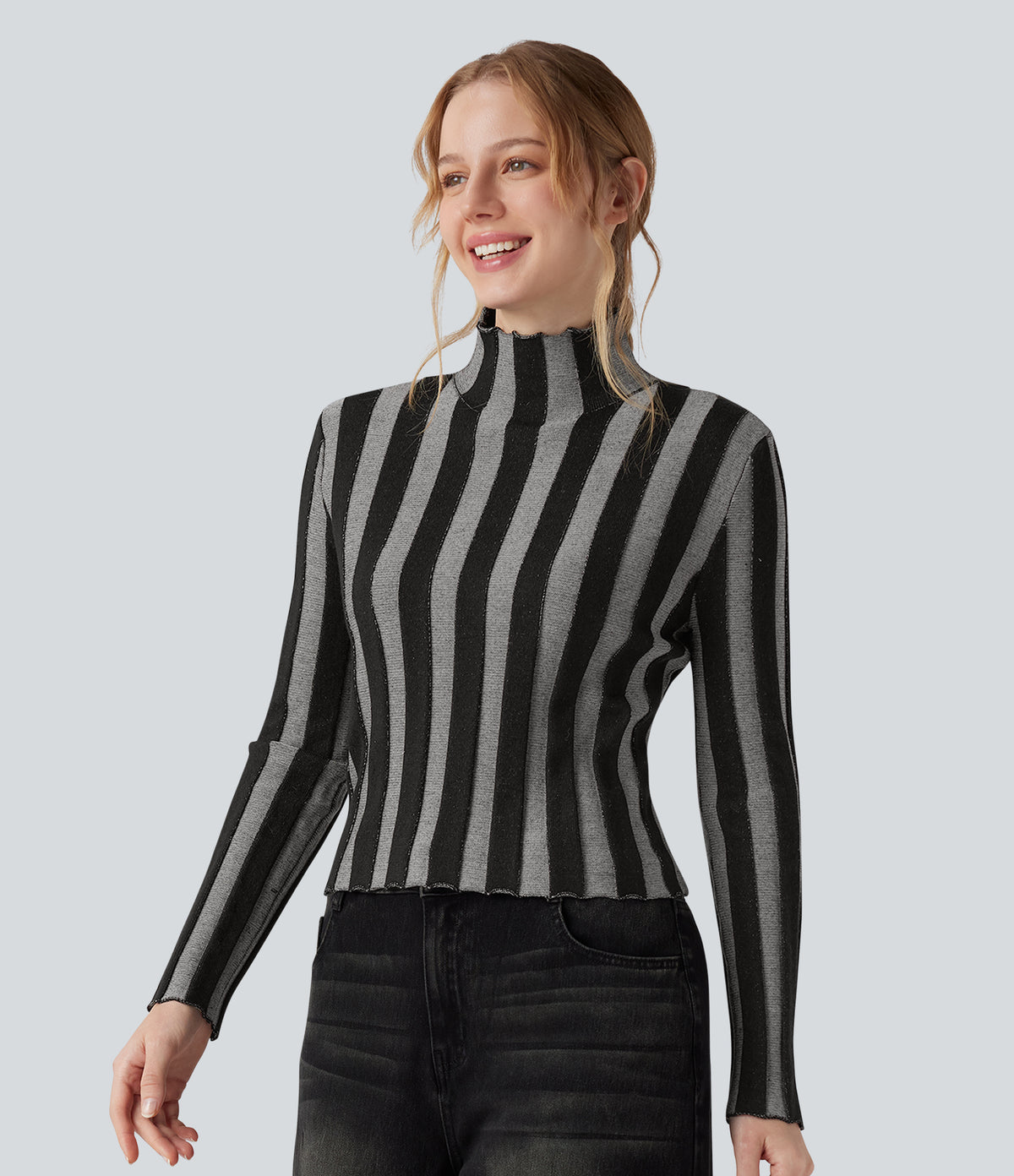 High-neck Long Sleeve Lettuce Trim Stripes Casual Jumper — Shadow Stripe — view 3