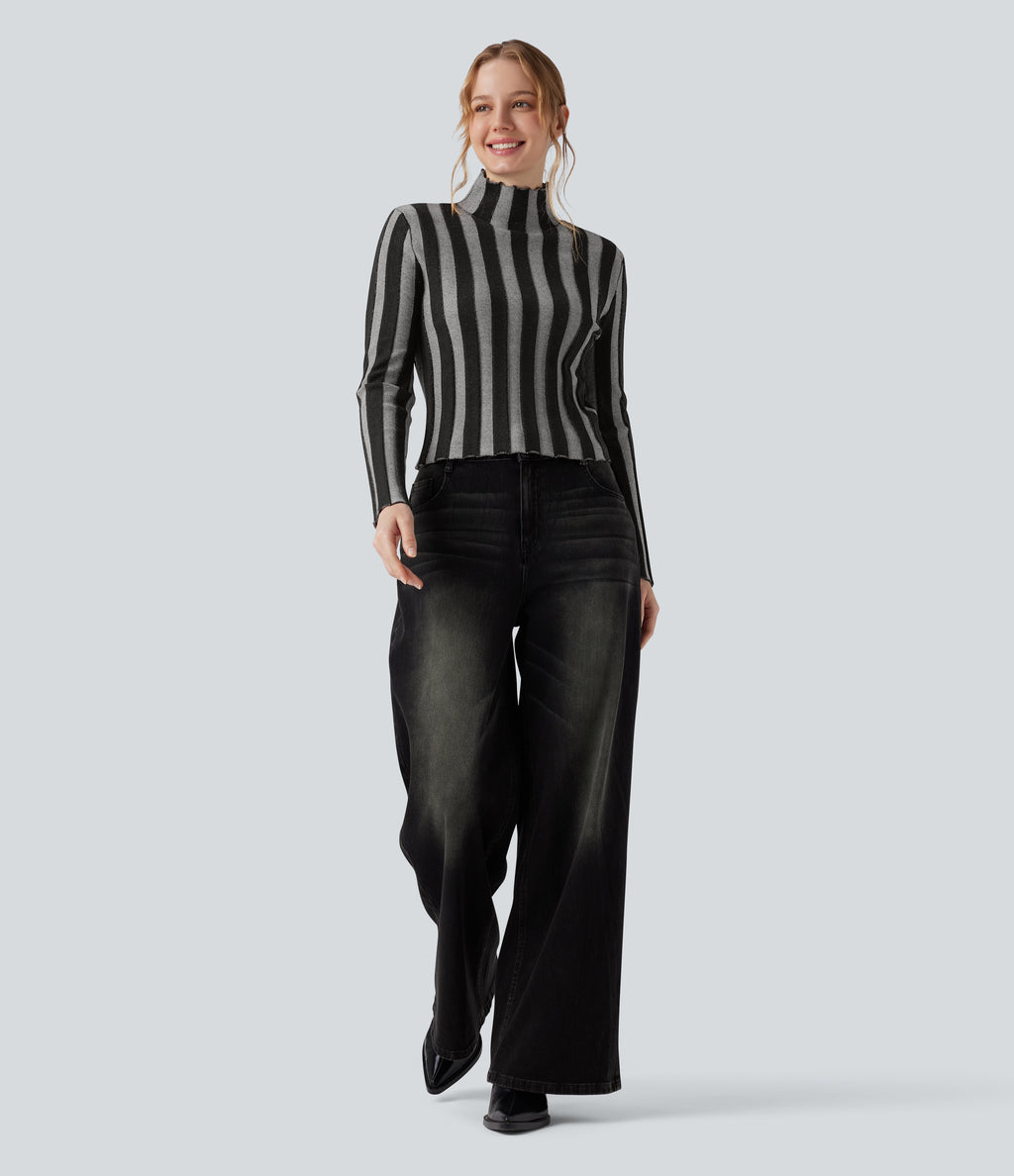 High-neck Long Sleeve Lettuce Trim Stripes Casual Jumper — Shadow Stripe — view 5