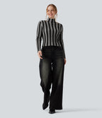 High-neck Long Sleeve Lettuce Trim Stripes Casual Jumper — Shadow Stripe — view 5