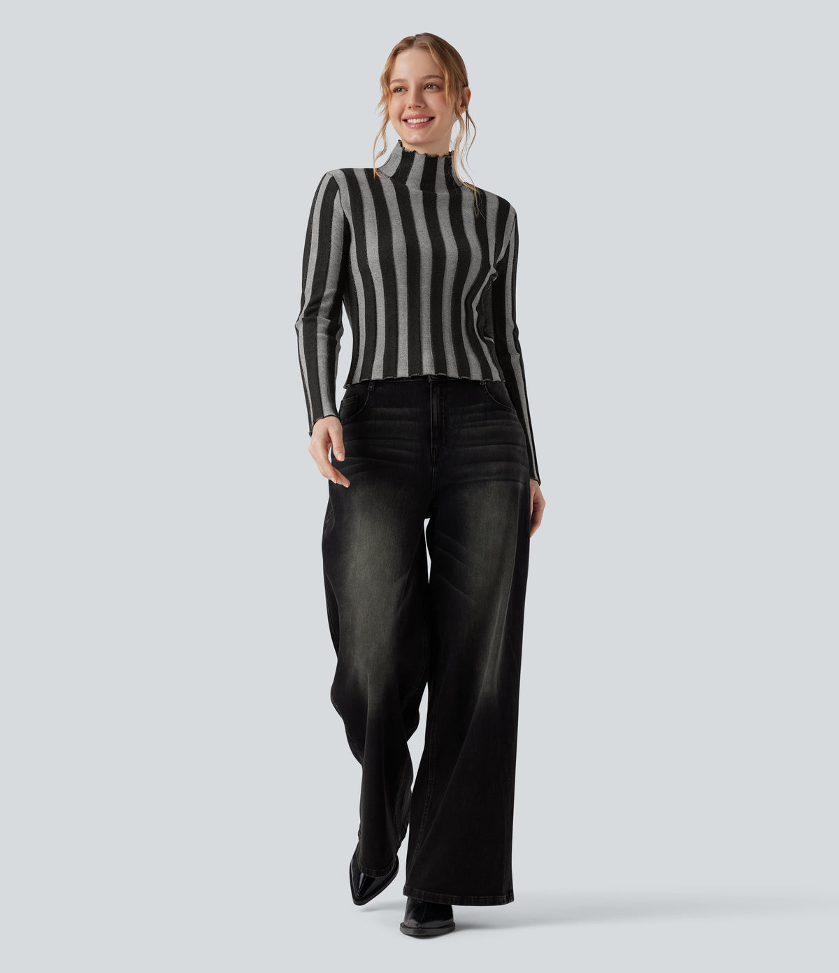 High-neck Long Sleeve Lettuce Trim Stripes Casual Jumper — Shadow Stripe — view 5
