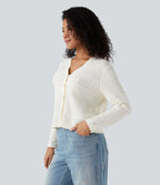 V-neck Long Sleeve Hollow Out Casual Cardigan — White Alyssum — view 3