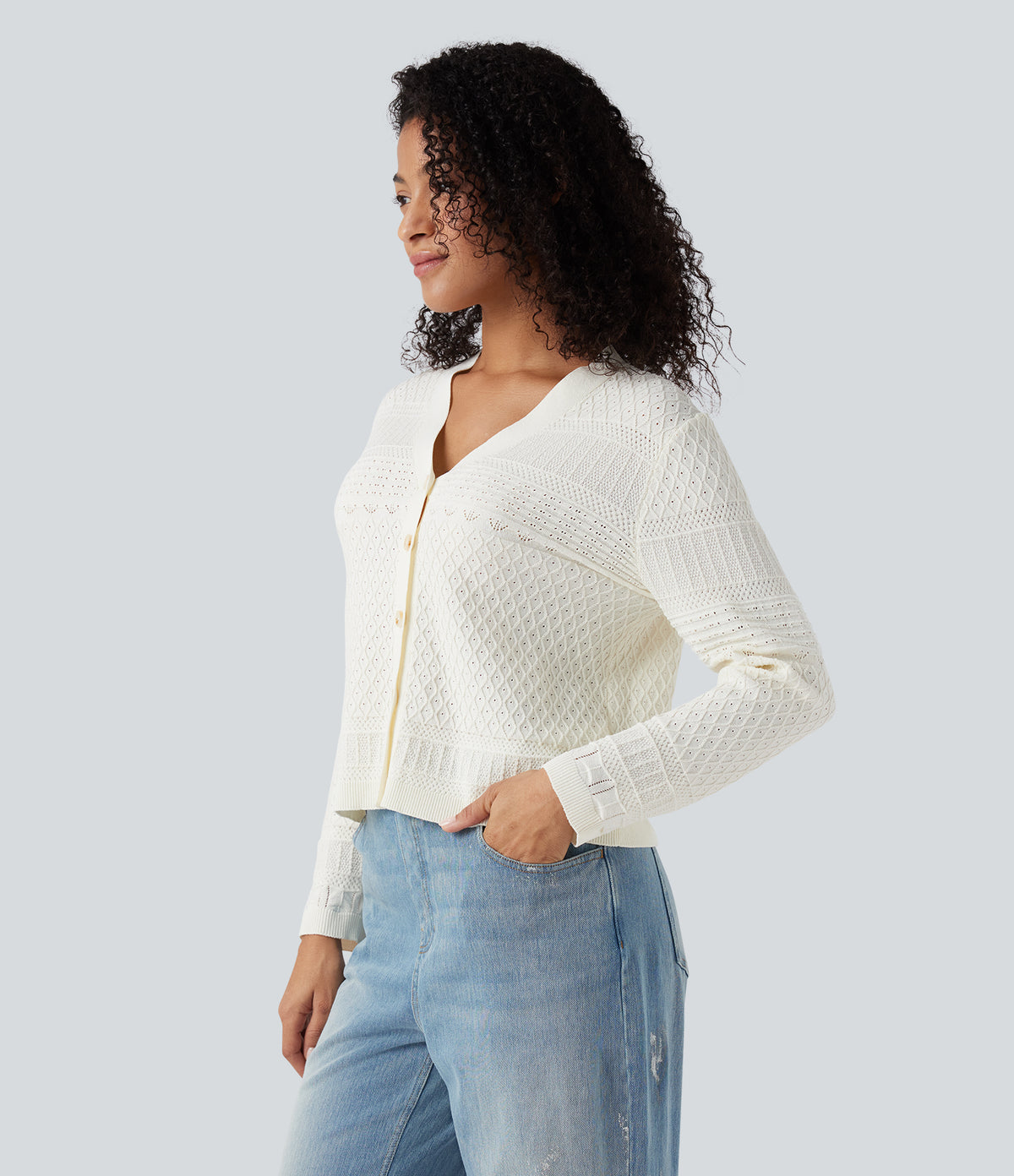 V-neck Long Sleeve Hollow Out Casual Cardigan — White Alyssum — view 3