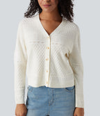 V-neck Long Sleeve Hollow Out Casual Cardigan — White Alyssum — view 4
