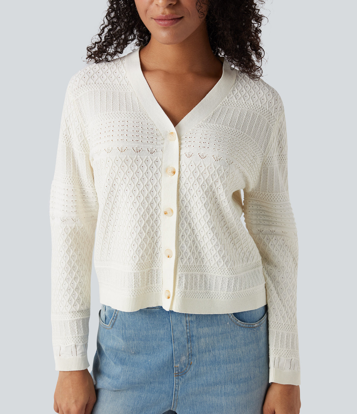V-neck Long Sleeve Hollow Out Casual Cardigan — White Alyssum — view 4