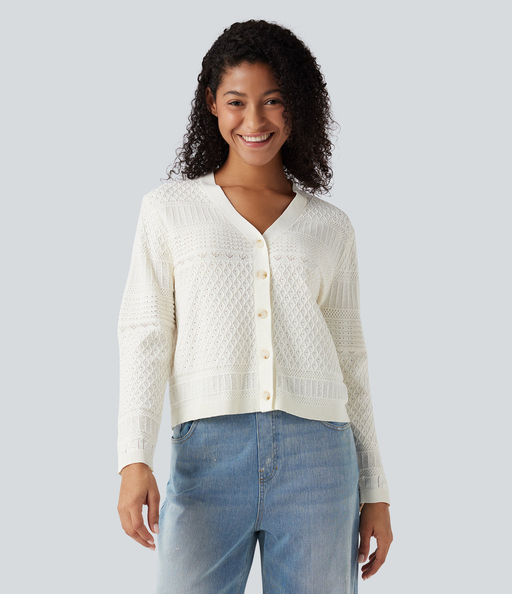 V-neck Long Sleeve Hollow Out Casual Cardigan — White Alyssum — view 1