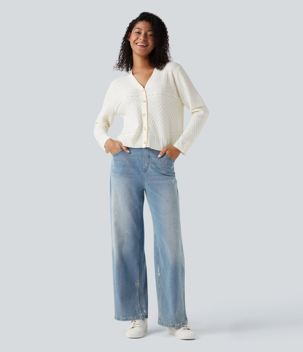 V-neck Long Sleeve Hollow Out Casual Cardigan — White Alyssum — view 5