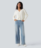 V-neck Long Sleeve Hollow Out Casual Cardigan — White Alyssum — view 5