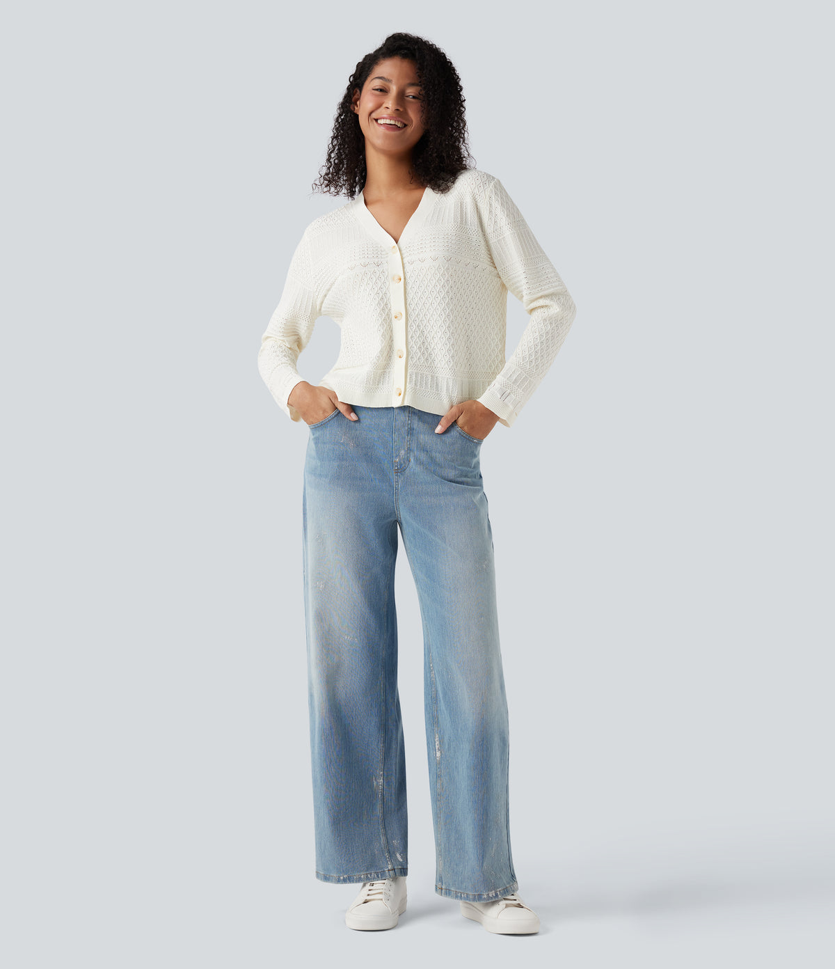 V-neck Long Sleeve Hollow Out Casual Cardigan — White Alyssum — view 5