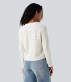 V-neck Long Sleeve Hollow Out Casual Cardigan — White Alyssum — view 2