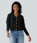 V-neck Long Sleeve Hollow Out Casual Cardigan — Black — view 6