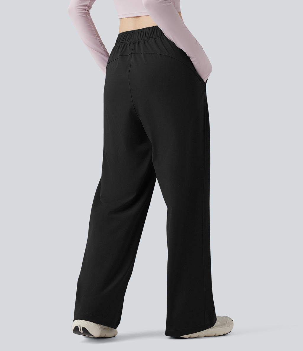 High Waisted Wide Leg Yoga Trousers with Pockets — Black — view 2