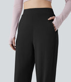 High Waisted Wide Leg Yoga Trousers with Pockets — Black — view 4