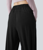 High Waisted Wide Leg Yoga Trousers with Pockets — Black — view 5
