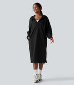 Hooded Drawstring Long Sleeve Zipper Hem Midi Casual Sweatshirt Dress with Pockets — Black — view 6