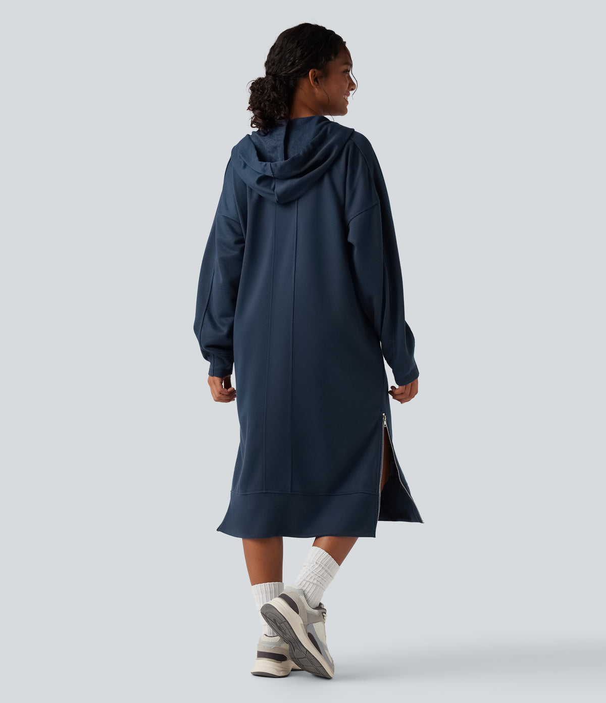 Hooded Drawstring Long Sleeve Zipper Hem Midi Casual Sweatshirt Dress with Pockets — Key Largo — view 2