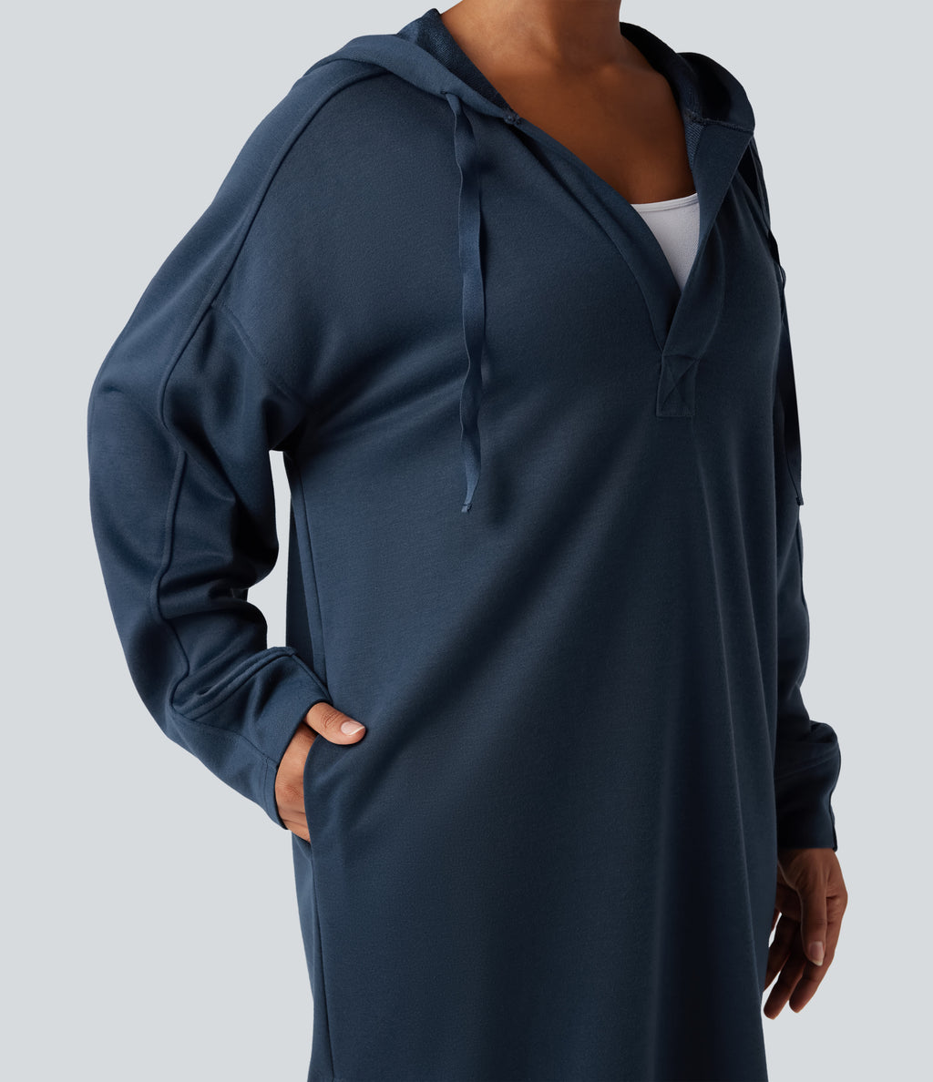 Hooded Drawstring Long Sleeve Zipper Hem Midi Casual Sweatshirt Dress with Pockets — Key Largo — view 4