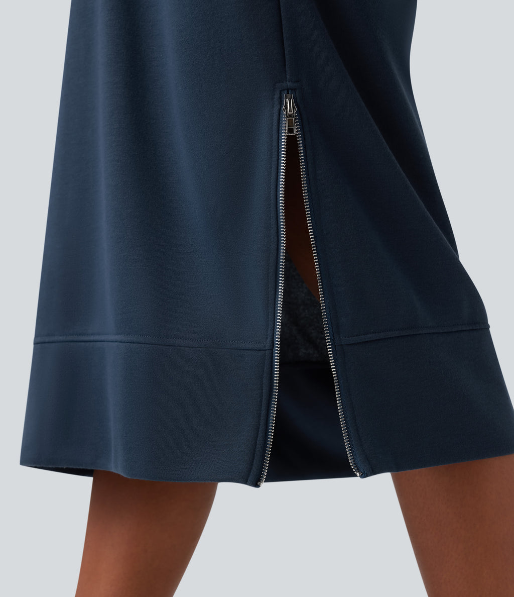 Hooded Drawstring Long Sleeve Zipper Hem Midi Casual Sweatshirt Dress with Pockets — Key Largo — view 5