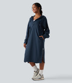 Hooded Drawstring Long Sleeve Zipper Hem Midi Casual Sweatshirt Dress with Pockets — Key Largo — view 3