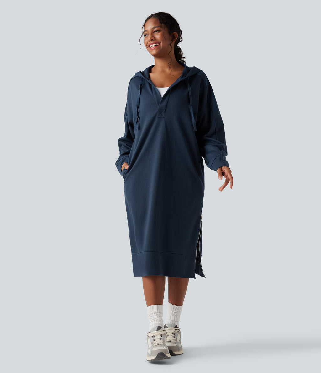 Hooded Drawstring Long Sleeve Zipper Hem Midi Casual Sweatshirt Dress with Pockets — Key Largo — view 1