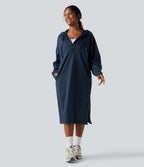 Hooded Drawstring Long Sleeve Zipper Hem Midi Casual Sweatshirt Dress with Pockets — Key Largo — view 1