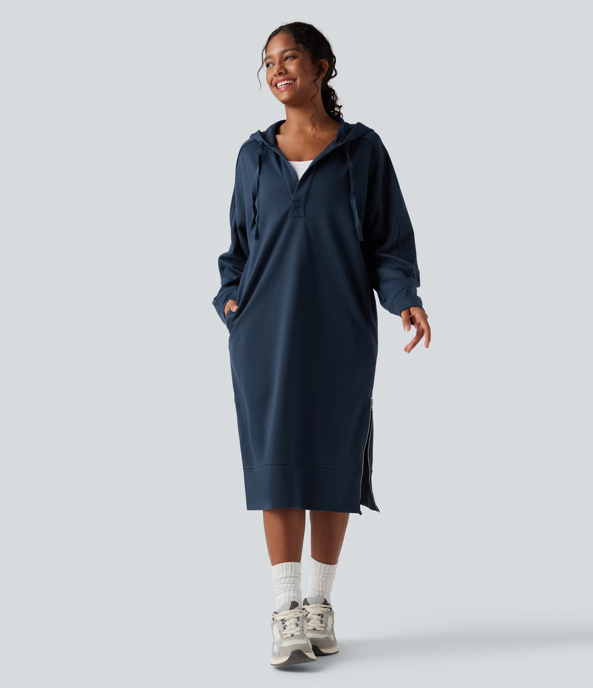Hooded Drawstring Long Sleeve Zipper Hem Midi Casual Sweatshirt Dress with Pockets — Key Largo — view 1