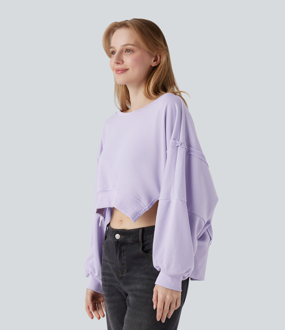 Boat Neck Long Sleeve High Low Casual Sweatshirt — Soft Lavender — view 3