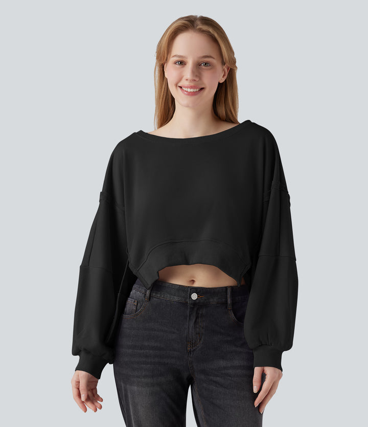 Boat Neck Long Sleeve High Low Casual Sweatshirt — Black — view 6