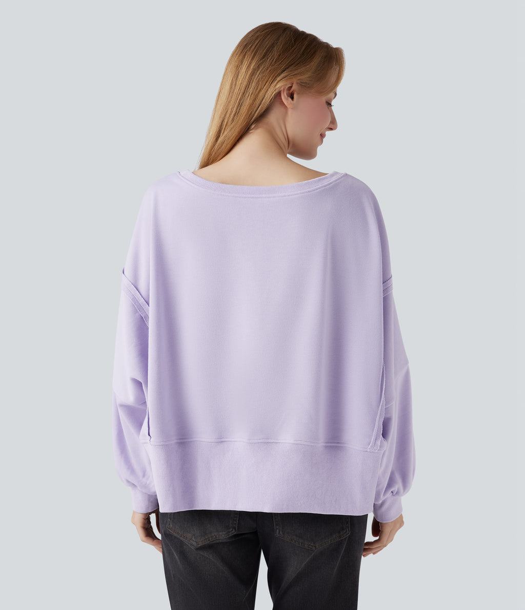 Boat Neck Long Sleeve High Low Casual Sweatshirt — Soft Lavender — view 2