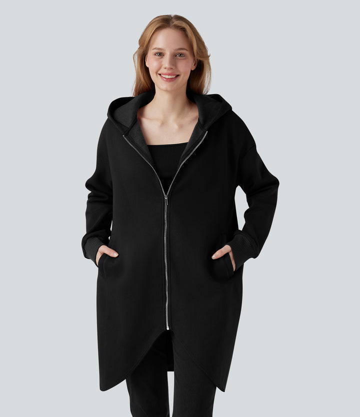 Hooded Zipper Long Sleeve Curved Hem Longline Casual Cotton Sweatshirt with Pockets — Black — view 1
