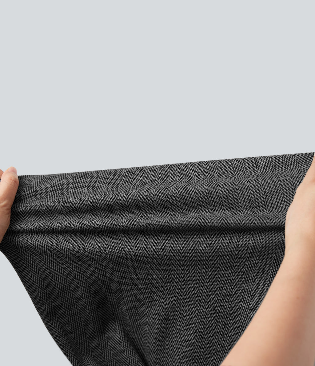 High Waisted Wide Leg Herringbone Work Trousers with Pockets — Charcoal Herringbone — view 7