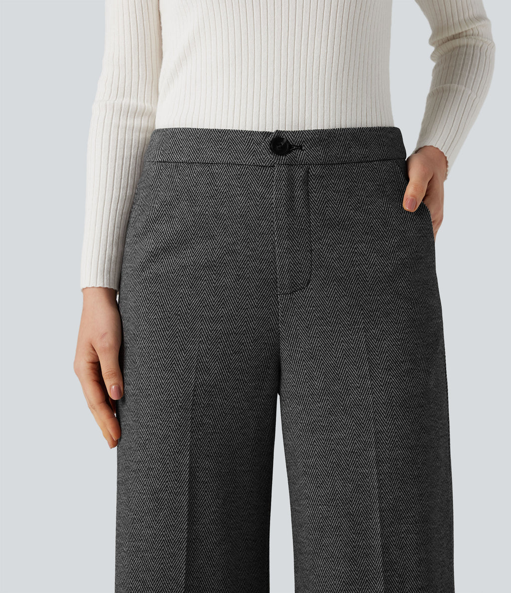 High Waisted Wide Leg Herringbone Work Trousers with Pockets — Charcoal Herringbone — view 4