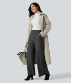 High Waisted Wide Leg Herringbone Work Trousers with Pockets — Charcoal Herringbone — view 6