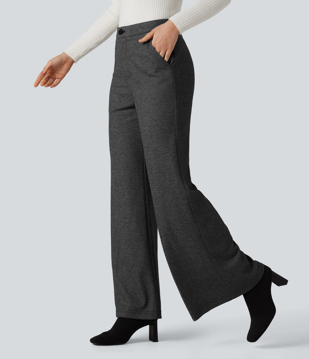 High Waisted Wide Leg Herringbone Work Trousers with Pockets — Charcoal Herringbone — view 3