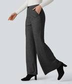 High Waisted Wide Leg Herringbone Work Trousers with Pockets — Charcoal Herringbone — view 3