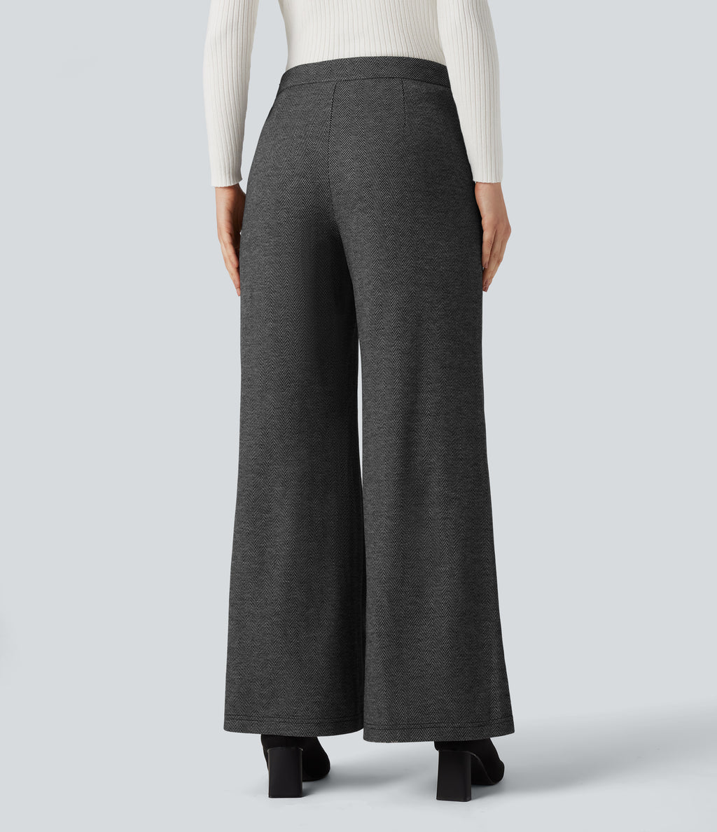 High Waisted Wide Leg Herringbone Work Trousers with Pockets — Charcoal Herringbone — view 2