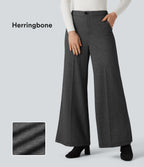 High Waisted Wide Leg Herringbone Work Trousers with Pockets — Charcoal Herringbone — view 1